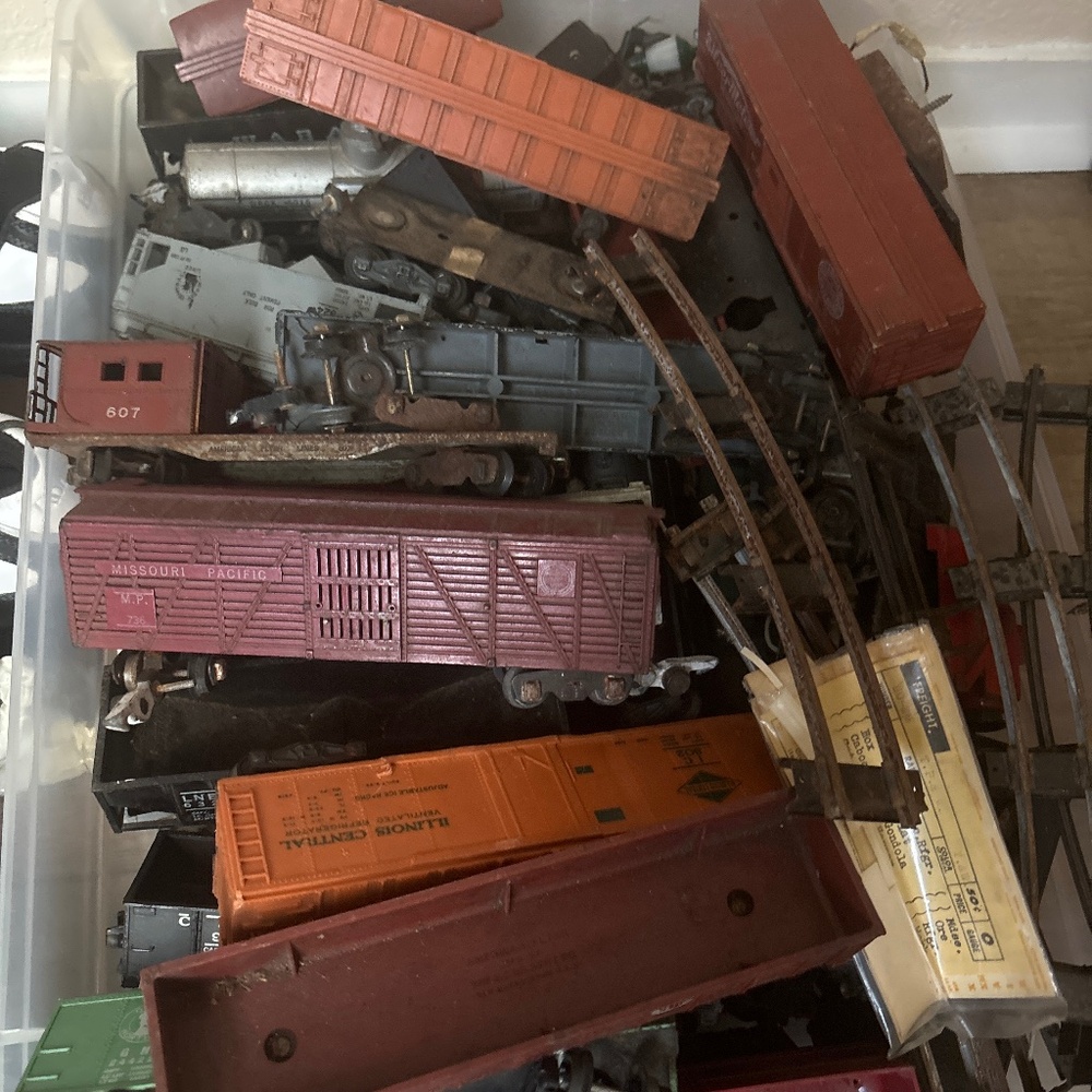 Box of vintage American Flyer Trains